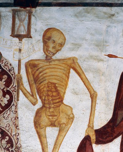 A morte segurando a ampulheta, detalhe de A Dança da Morte de Simone II Baschenis