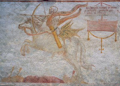 Cavalgando a cavalo com a seta apontada para a morte de Simone II Baschenis