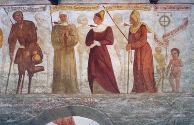 Morte com o coxo, a freira, a jovem, a velha e a criança, detalhe de A Dança da Morte de Simone II Baschenis