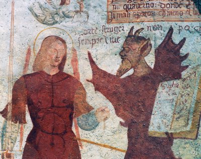 O Arcanjo Miguel e o diabo com o livro dos sete pecados mortais, detalhe de A Dança da Morte de Simone II Baschenis