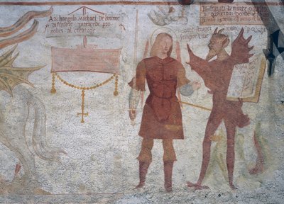 O Arcanjo Miguel e o diabo com o livro dos sete pecados mortais, detalhe de A Dança da Morte de Simone II Baschenis