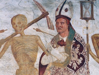 O Bispo e a Morte, detalhe de A Dança da Morte de Simone II Baschenis
