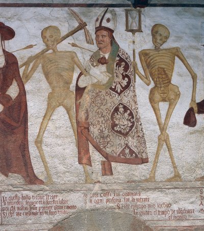 O Bispo e a Morte, detalhe de A Dança da Morte de Simone II Baschenis