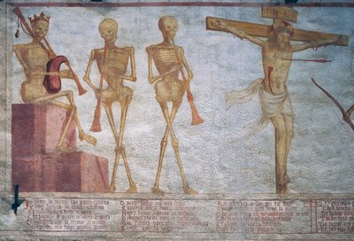 Três esqueletos tocando a Dança da Morte e Cristo na cruz, detalhe de A Dança da Morte de Simone II Baschenis