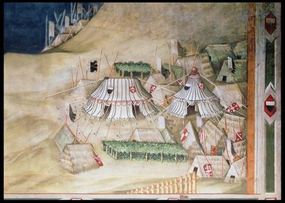 Comemoração do Guidoriccio da Fogliano no Cerco de Montemassi, detalhe do acampamento militar, da Sala del Mappamondo, 1328 de Simone Martini