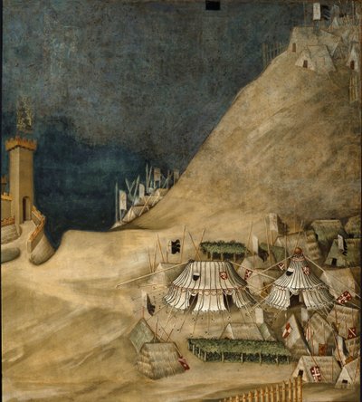 Detalhe do acampamento militar atrás de Guido Riccio da Fogliano, durante a captura do castelo de Montemassi, em 1328 (fresco de Simone Martini