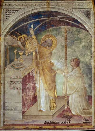 Fresco da vida de São Martinho. A massa milagrosa de São Martinho de Tours. Para recompensá-lo pelo presente de seu manto feito a um pobre homem, dois anjos aparecem em São Martinho enquanto ele eleva o anfitrião em frente ao altar. Pintura de Simone Marti de Simone Martini