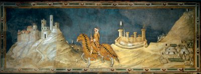 Guidoriccio da Fogliano. representação de Guido Riccio da Fogliano (falecido em 1352), comandante (condottiero) do exército de Siena, durante a captura do castelo de Montemassi em Maremma (Maremma), em 1328. Pintura de Simone Martini (1280-1344) de Simone Martini