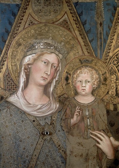 Maesta, detalhe da Madonna e da Criança, 1315 detalhe em afresco de 51591 e 79367 de Simone Martini
