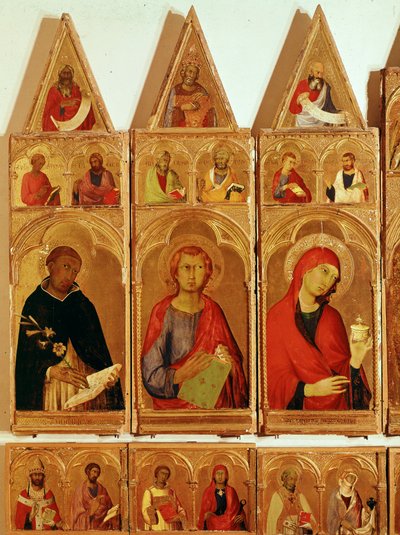 São Domingos, São João Evangelista, Santa Maria Madalena. Detalhe de Santa Catarina de Alexandria Polyptych (tempera e ouro sobre madeira de Simone Martini