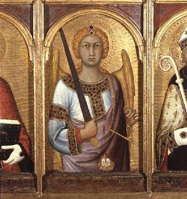 São Miguel, detalhe do retábulo da SS Geminianus, Miguel e Agostinho, c.1319 (tempera com ouro e prata no painel) (detalhe de 58835) de Simone Martini