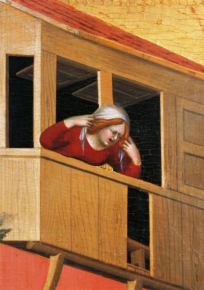 Mulher debruçada sobre varanda, detalhe do retábulo intitulado Beato Agostino Novello e histórias da sua vida, de Simone Martini (1283-1344), óleo sobre tela, 200x256 cm, ca. 1330 de Simone Martini