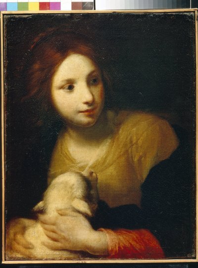 Santa Inês. (Inês de Roma, nascida em 290, mártir por volta de 304). Pintura de Simone Pignoni (1611-1698), óleo sobre tela. Arte italiana (Florença) de Simone Pignoni