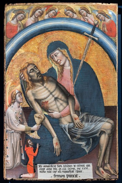 Lamentação sobre o Cristo morto com o cliente, Iohannes de Elthinl, por Simone dei Crocifissi, c. 1368. A Virgem é representada como Nossa Senhora das Dores, com uma espada no seu coração. de Simone dei Crocifissi