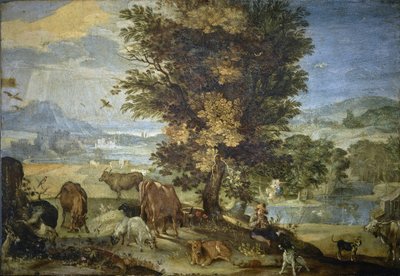 Paisagem com Pastor e Animais (óleo sobre cobre) de Sinibaldo Scorza