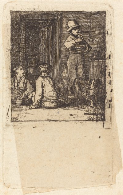 Interior com três meninos e um cachorro de Sir David Wilkie