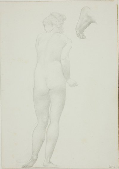 Backview da mulher nua em pé e esboço de um pé de Sir Edward Burne Jones