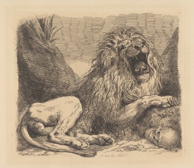 Um Estudo da Natureza; um leão entre as rochas, rugindo, um crânio humano inferior direito de Sir George Hayter