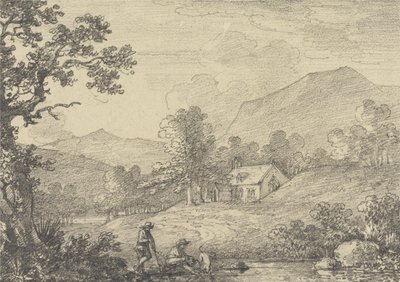 Duas figuras ao lado de uma lagoa e uma igreja numa paisagem montanhosa de Sir George Howland Beaumont seventh Baronet