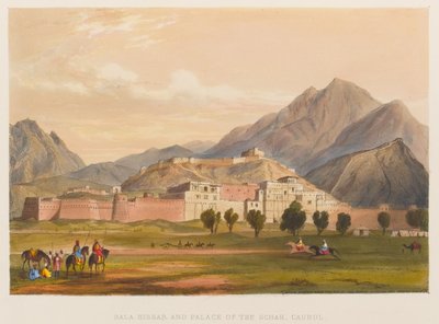 Bala Hissar e Palácio da Schah, Caubul (litografia colorida) de Sir Keith A. Jackson