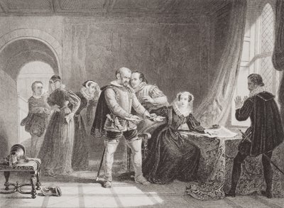 Maria Rainha dos Escoceses (1542-1587), obrigada a assinar sua abdicação no Castelo Lochleven em 1567, de "Ilustrações da História Escocesa e Inglês", Volume I de Sir William Allan