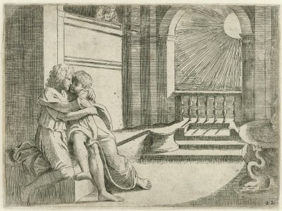 Abimelech ziet Isaak Rebekka liefkozen
Bijbelse scènes (título da série)
Historia del Testamento Vecchio / Pintado em Roma, no Vaticano, por Raffaelle di Urbin (...) (título da série) de Sisto Badalocchio