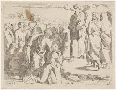 Moisés mostra as tábuas da lei ao povo
Cenas bíblicas (título da série)
Historia del Testamento Vecchio / Dipinta in Roma nel Vaticano da Raffaelle di Urbino (...) (título da série) de Sisto Badalocchio