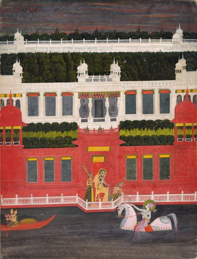 Krishna recebe uma guirlanda de flores, c. 1750-1760. de Sitaram