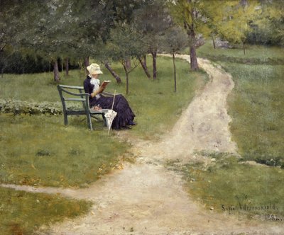 Mulher lendo em um banco (óleo sobre tela) de Sofie Thomesen Werenskiold