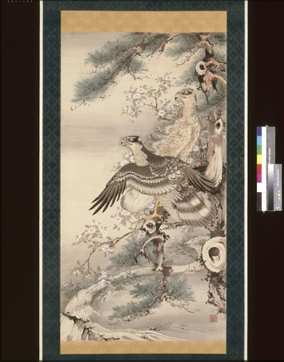 Par de Falcões com Ramos e Flores (tinta, cor e ouro sobre seda) de Soga Shohaku