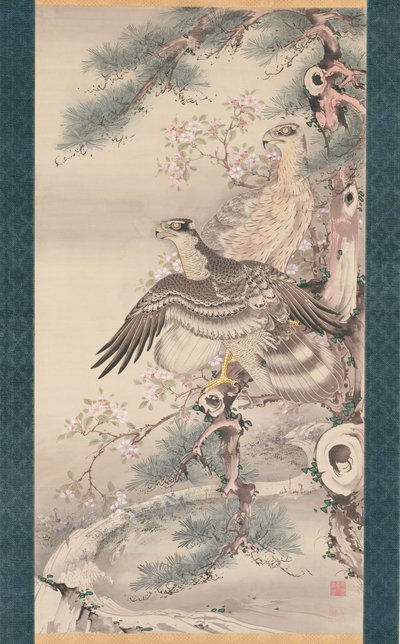 Par de Falcões com Ramo e Flores (tinta, cor e ouro sobre seda) de Soga Shohaku