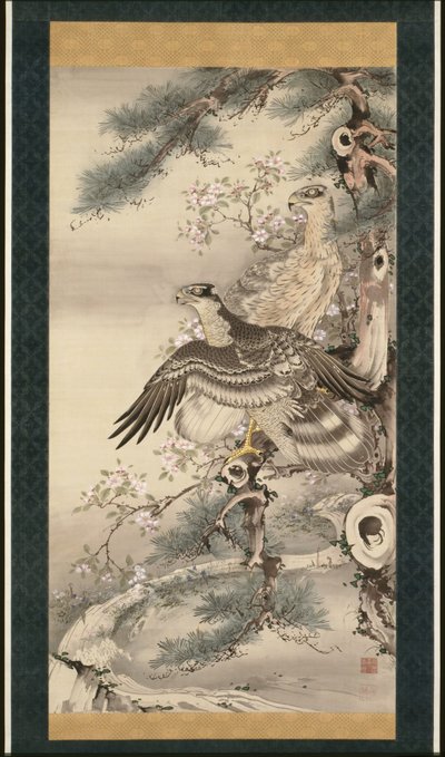 Par de falcões com galhos e flores de Soga Shohaku