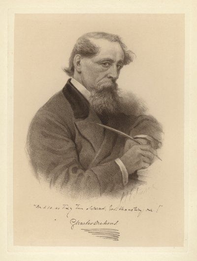 Retrato de Charles Dickens segurando sua caneta (foto a p/b) de Solomon (after) Eytinge