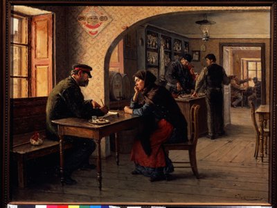 Uma petição. Num café, uma mulher fala com um soldado do Exército Vermelho que preenche um formulário para ela. Atrás deles, a azáfama comum de um café. Pintura de Solomon Yakovlevich Kishinevsky (Kishinevsky) (1863-1941), óleo de Solomon Yakovlevich Kishinevsky