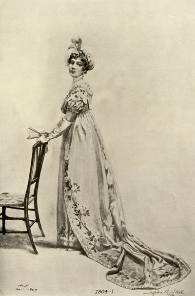 Vestido Empire usado na Filadélfia, agora em Memorial Hall, 1804, 1903, 1937. de Sophie B. Steel
