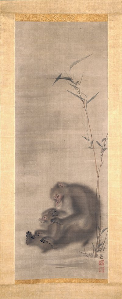 Macaco Grooming Offspring Offspring Near Bamboo (tinta e cor sobre seda) de Sosen Mori