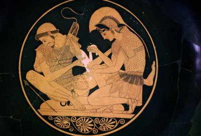 Pintura em vaso grego de Aquiles e Pátroclo de Sosias