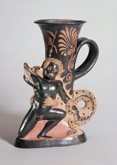 Rhyton em forma de chifre de figura vermelha representando um crocodilo atacando um núbio, grego, c.350 aC (argila) de Sotades