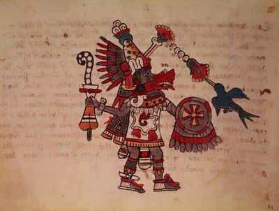 Quetzalcoatl, a serpente emplumada, deus do vento, do saber e do sacerdócio, mestre da vida, criador e civilizador, patrono de todas as artes e inventor da metalurgia (velino) de South American School