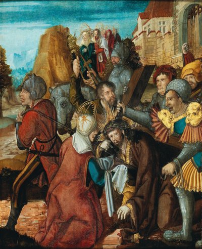 Santa Verônica apresentando seu véu a Cristo a caminho do Calvário, ca 1515-1520. de Southwest German master.