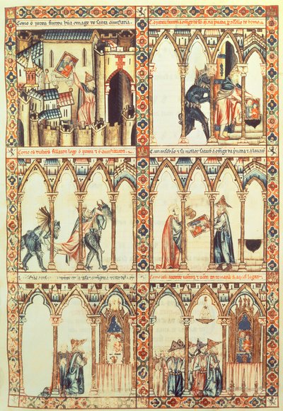 102-0002738 T.I.I. Cantiga 34, ilustração de "Cantigas de Santa Maria", feita sob a direção de Alfonso X ("O Sábio") Rei de Castela e Leão (1221-84) (velino) (ver também 68647) de Spanish School