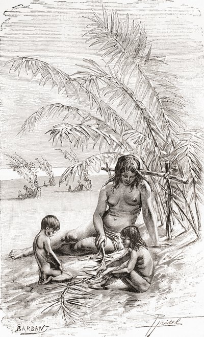 Uma família de nativos Sápara em um banco de areia ao lado do rio Napo, Equador de Spanish School