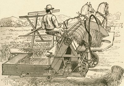 Uma máquina de colheita, puxada por cavalos, que amarrava mecanicamente os feixes de milho, utilizada no final do século XIX. De El Museo Popular publicado Madrid de Spanish School