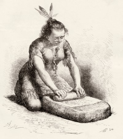 Uma mulher guayana nativa esmagando grãos (gravura) de Spanish School