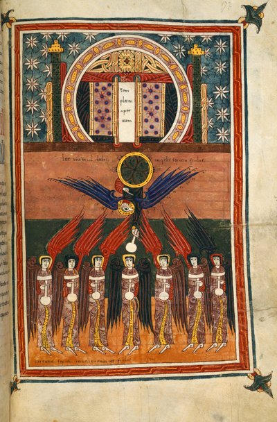Acrescentar. 11695, f.172 Os sete anjos da peste que trazem frascos do santuário. Do Apocalipse de Silos de Spanish School