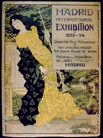 Propaganda para a Exposição Internacional de Madrid de 1893-94 no Palácio da Indústria e das Artes, Madri, 1893 de Spanish School