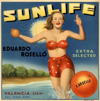 Publicidade para laranjas, imagem de uma mulher em fato de banho. Cartaz publicitário, Valência de Spanish School