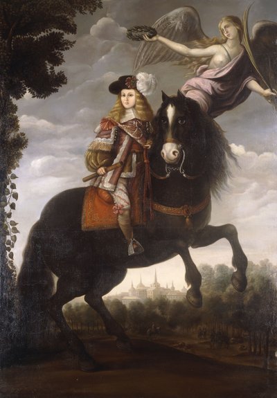 Um retrato equestre do rei Carlos II, de corpo inteiro, com um casaco vermelho com guarnição branca sendo coroado com um louro por um anjo, Madri à distância, c.1685 de Spanish School