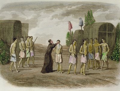 Um escravo indígena da tribo Tupinamba é baptizado por um padre jesuíta, perto da Bahia, em 1550 de Spanish School