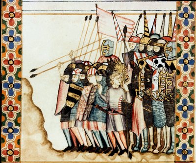 Armee des croises Detalhe de uma página tirada de um manuscrito do Cântico de Santa Maria, decorando miniaturas dedicadas a Santa Maria e aos seus milagres, uma colecção de canções de cor vermelha sob o regimento de Alfonso X o sábio (1221-1284). de Spanish School